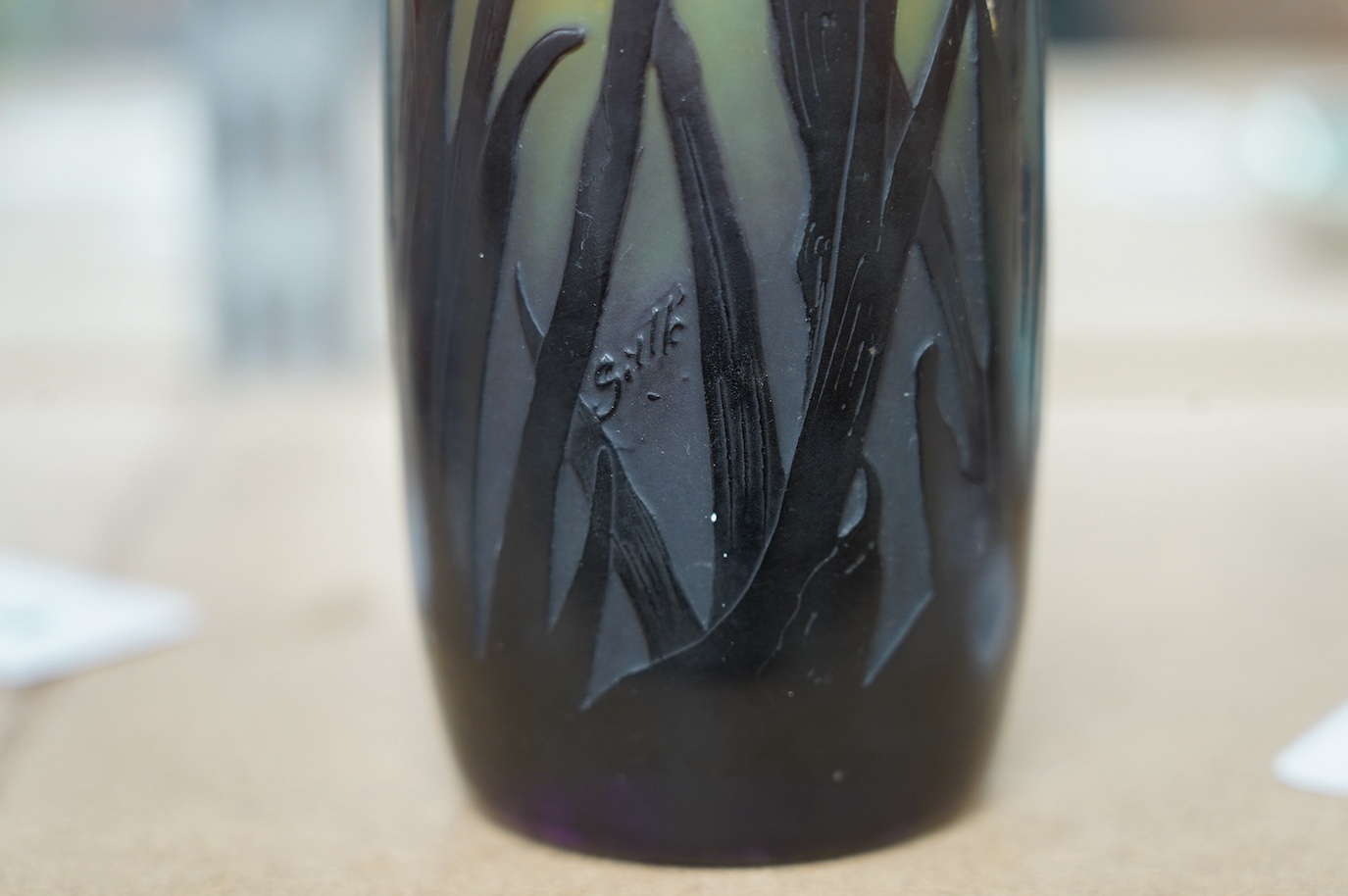 A Gallé blue iris vase, 27.5cm high. Condition - fair to good, minor surface scratches to base